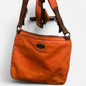 ..::SOLD::..Fossil Orange and Brown Leather Shoulder Bag
